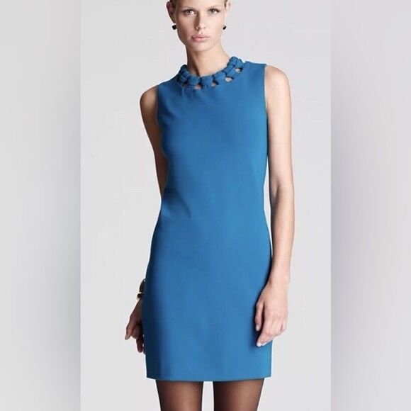 DVF Diane Von Furstenberg AYANNA Stretch Jersey Woven Neck Dress Teal - Picture 1 of 10